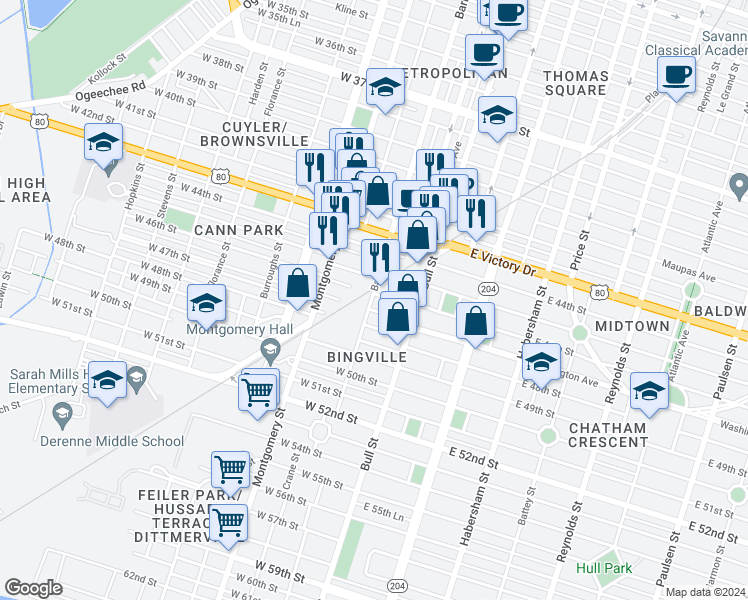 map of restaurants, bars, coffee shops, grocery stores, and more near in Savannah