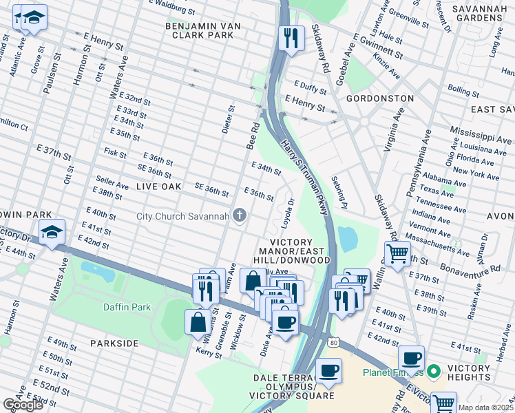 map of restaurants, bars, coffee shops, grocery stores, and more near 2006 Richter Street in Savannah
