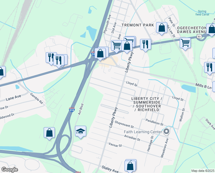 map of restaurants, bars, coffee shops, grocery stores, and more near 1938 Mitchell Street in Savannah