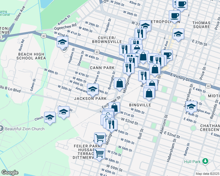 map of restaurants, bars, coffee shops, grocery stores, and more near 520 West 48th Street in Savannah