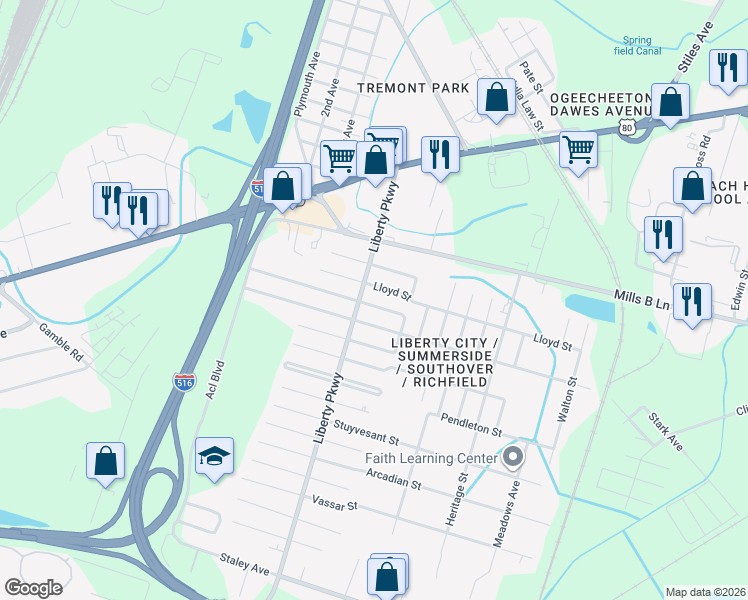 map of restaurants, bars, coffee shops, grocery stores, and more near 1828 Tuskeegee Street in Savannah