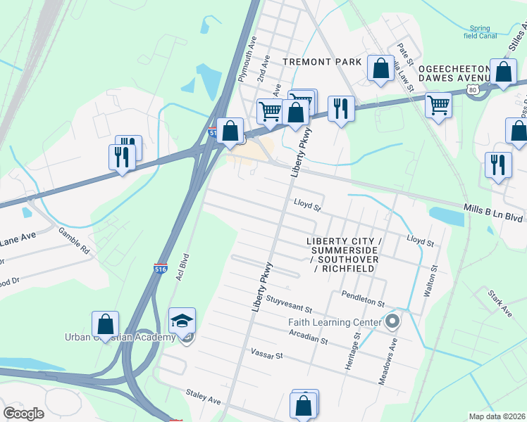 map of restaurants, bars, coffee shops, grocery stores, and more near 1911 Tuskegee Street in Savannah