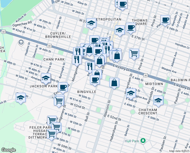 map of restaurants, bars, coffee shops, grocery stores, and more near 14 Pearl Street in Savannah
