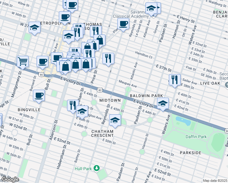 map of restaurants, bars, coffee shops, grocery stores, and more near 624 East Victory Drive in Savannah