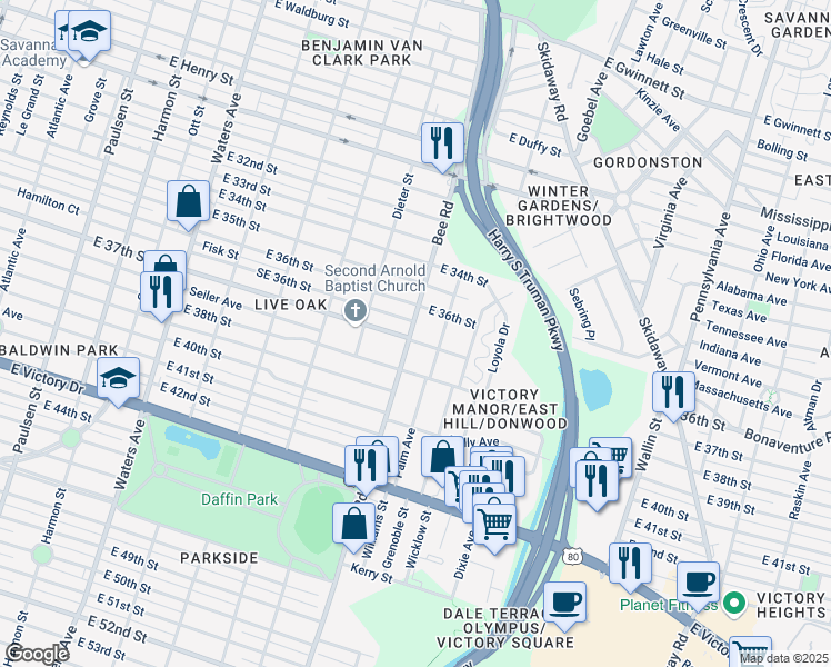 map of restaurants, bars, coffee shops, grocery stores, and more near 1602 East 37th Street in Savannah