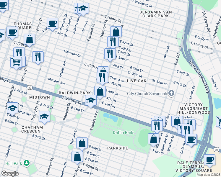 map of restaurants, bars, coffee shops, grocery stores, and more near 1115 East 39th Street in Savannah