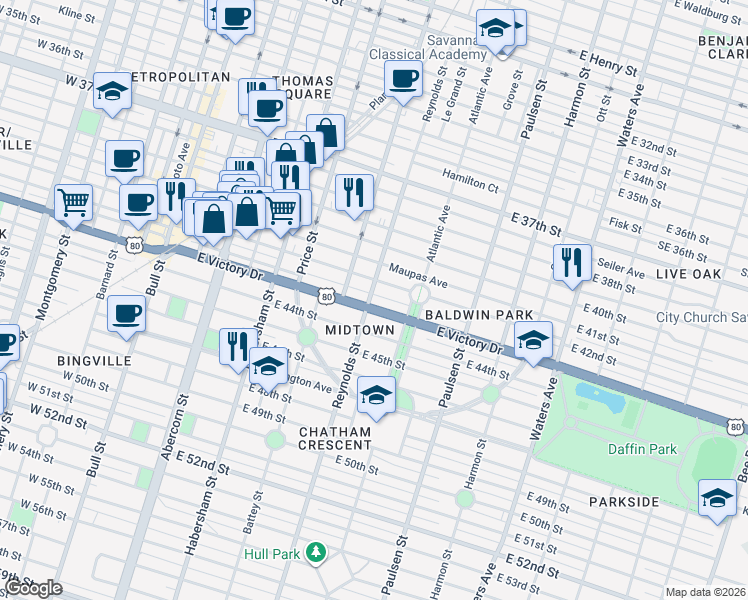map of restaurants, bars, coffee shops, grocery stores, and more near 624 East Victory Drive in Savannah