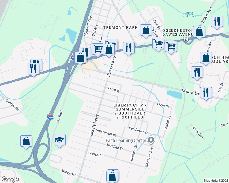 map of restaurants, bars, coffee shops, grocery stores, and more near 1817 Lloyd Street in Savannah