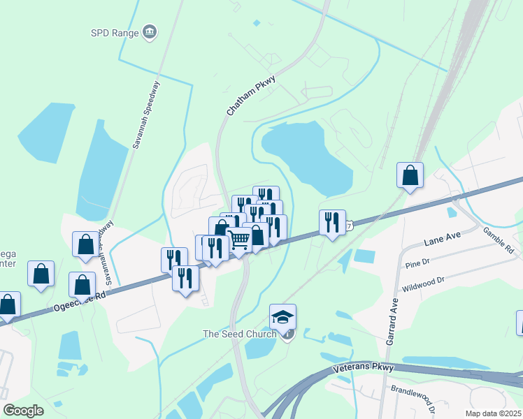 map of restaurants, bars, coffee shops, grocery stores, and more near 10 Mersey Way in Savannah