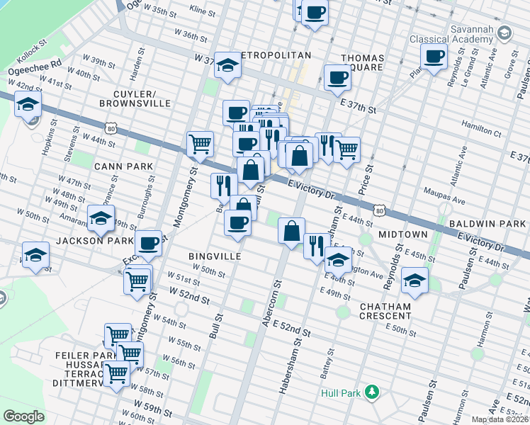 map of restaurants, bars, coffee shops, grocery stores, and more near 3 Entelman Place in Savannah