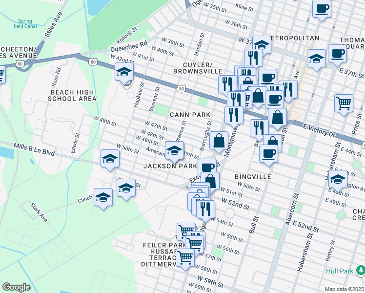 map of restaurants, bars, coffee shops, grocery stores, and more near 3208 Perth Street in Savannah