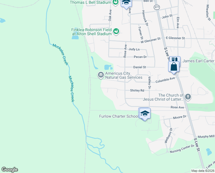map of restaurants, bars, coffee shops, grocery stores, and more near 313 Shirley Road in Americus