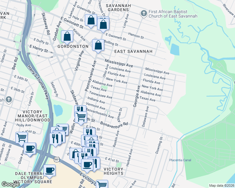 map of restaurants, bars, coffee shops, grocery stores, and more near 2144 Tennessee Avenue in Savannah