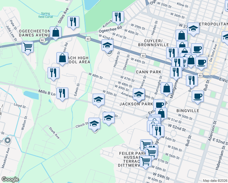 map of restaurants, bars, coffee shops, grocery stores, and more near 3315 Stevens Street in Savannah
