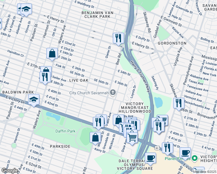 map of restaurants, bars, coffee shops, grocery stores, and more near 1602 East 37th Street in Savannah
