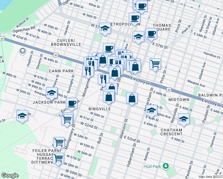 map of restaurants, bars, coffee shops, grocery stores, and more near 14 Pearl Street in Savannah