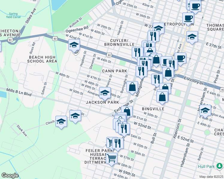 map of restaurants, bars, coffee shops, grocery stores, and more near 3208 Perth Street in Savannah