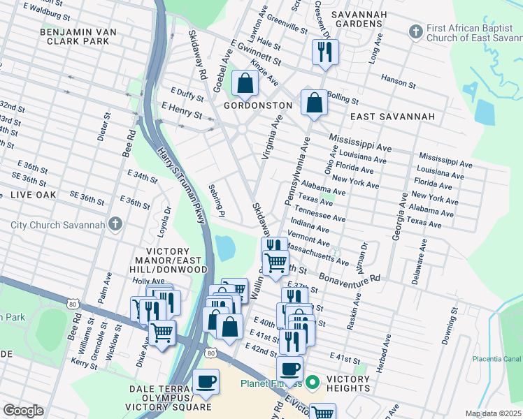 map of restaurants, bars, coffee shops, grocery stores, and more near 1910 Skidaway Road in Savannah