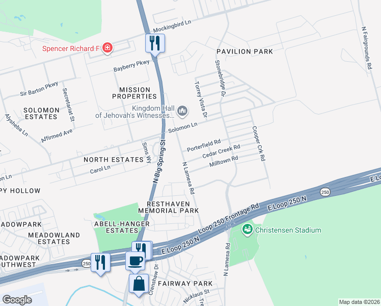map of restaurants, bars, coffee shops, grocery stores, and more near 1103 Cedar Creek Road in Midland