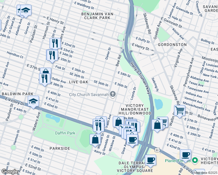 map of restaurants, bars, coffee shops, grocery stores, and more near 1602 East 37th Street in Savannah