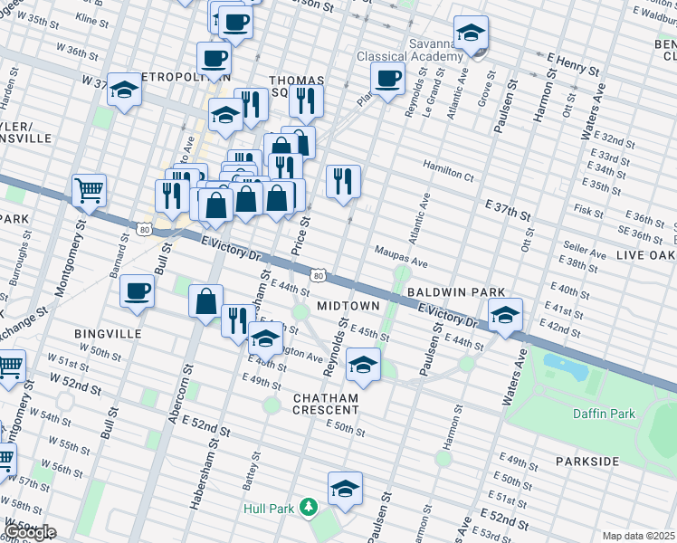 map of restaurants, bars, coffee shops, grocery stores, and more near 601 East Victory Drive in Savannah