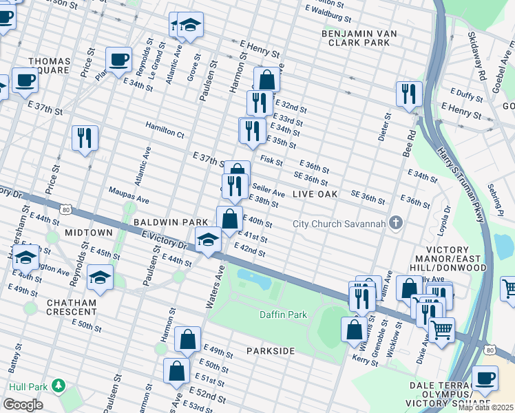 map of restaurants, bars, coffee shops, grocery stores, and more near 1118 East 39th Street in Savannah