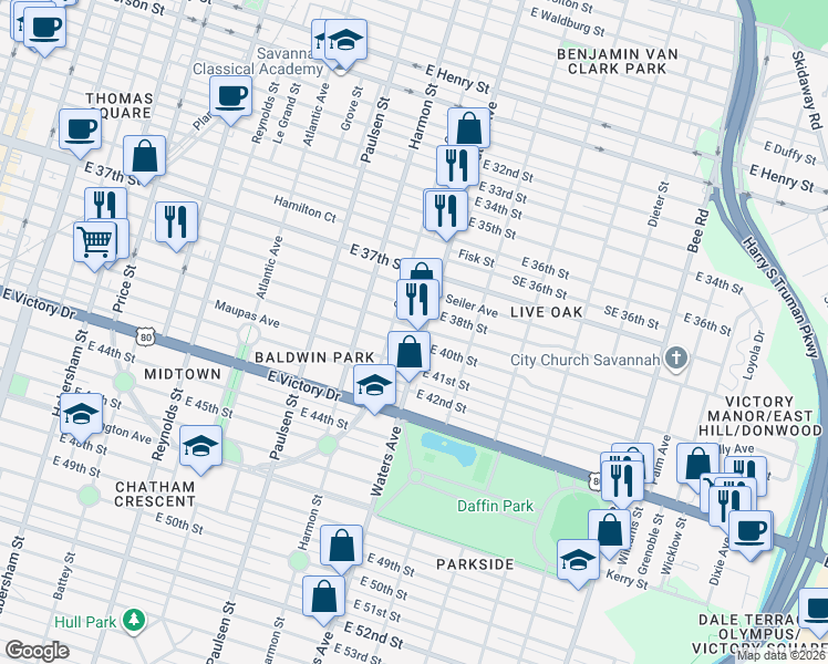 map of restaurants, bars, coffee shops, grocery stores, and more near 1110 East 40th Street in Savannah