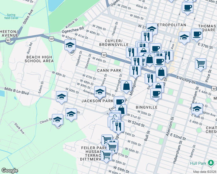 map of restaurants, bars, coffee shops, grocery stores, and more near 3208 Perth Street in Savannah
