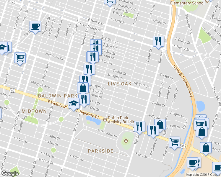map of restaurants, bars, coffee shops, grocery stores, and more near 1225 East 38th Street in Savannah