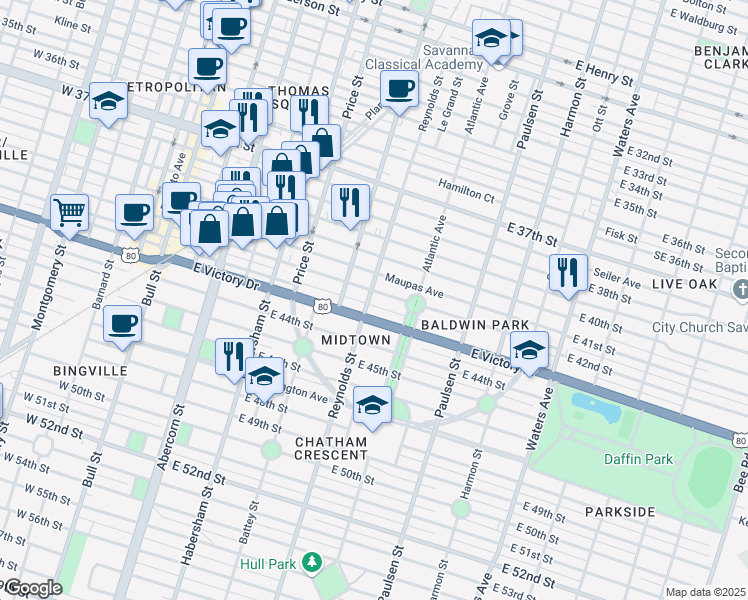 map of restaurants, bars, coffee shops, grocery stores, and more near 624 East Victory Drive in Savannah