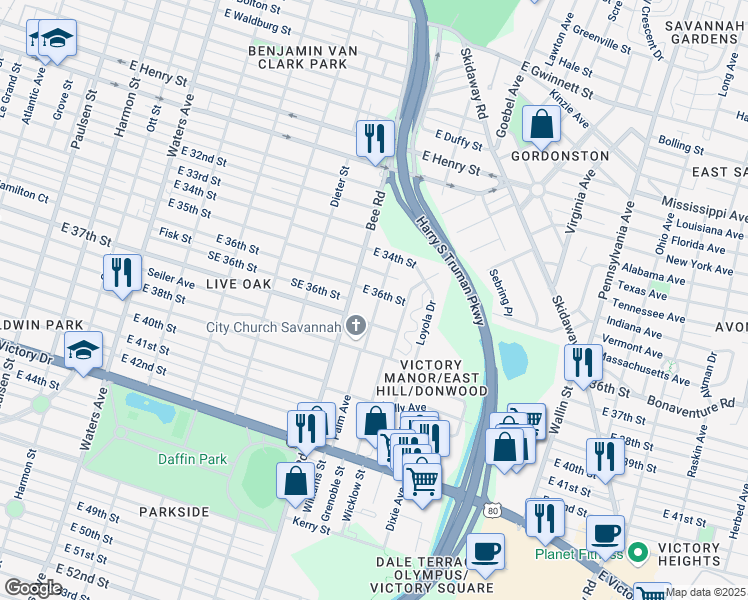 map of restaurants, bars, coffee shops, grocery stores, and more near 2006 Richter Street in Savannah