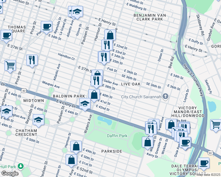 map of restaurants, bars, coffee shops, grocery stores, and more near 1131 East 38th Street in Savannah