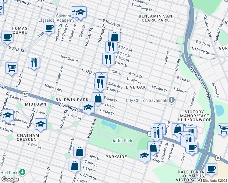 map of restaurants, bars, coffee shops, grocery stores, and more near 1129 East 38th Street in Savannah