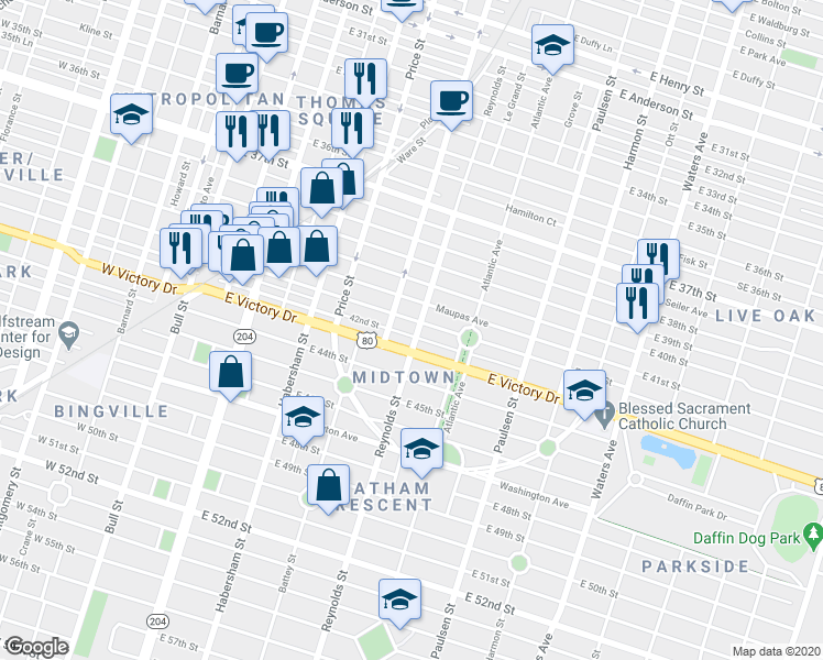 map of restaurants, bars, coffee shops, grocery stores, and more near 624 East Victory Drive in Savannah