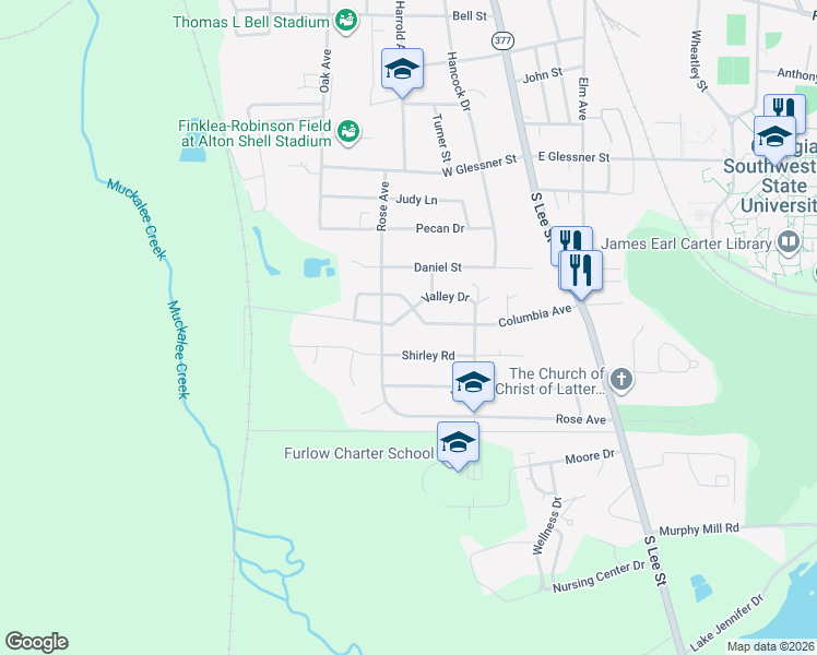 map of restaurants, bars, coffee shops, grocery stores, and more near 221 Shirley Road in Americus