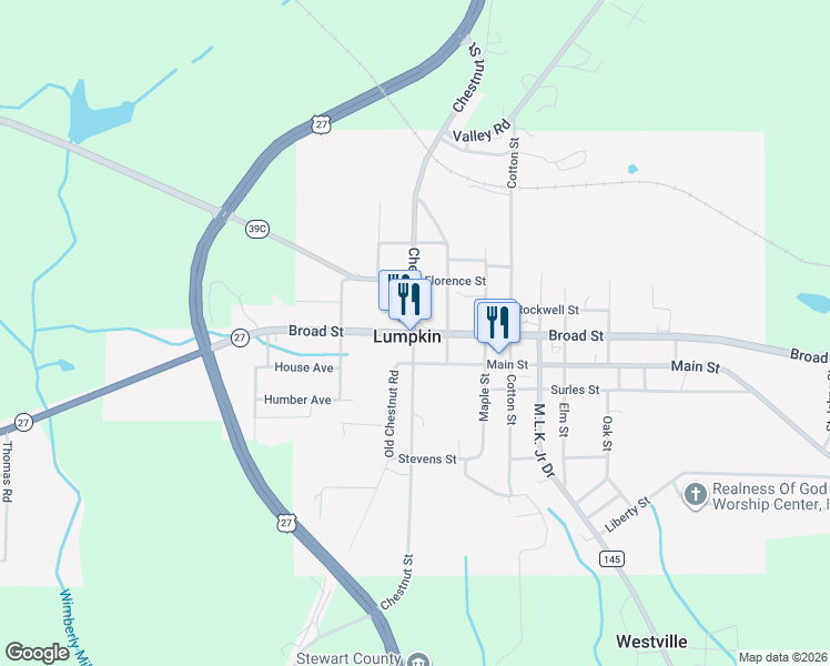 map of restaurants, bars, coffee shops, grocery stores, and more near Chestnut St in Lumpkin
