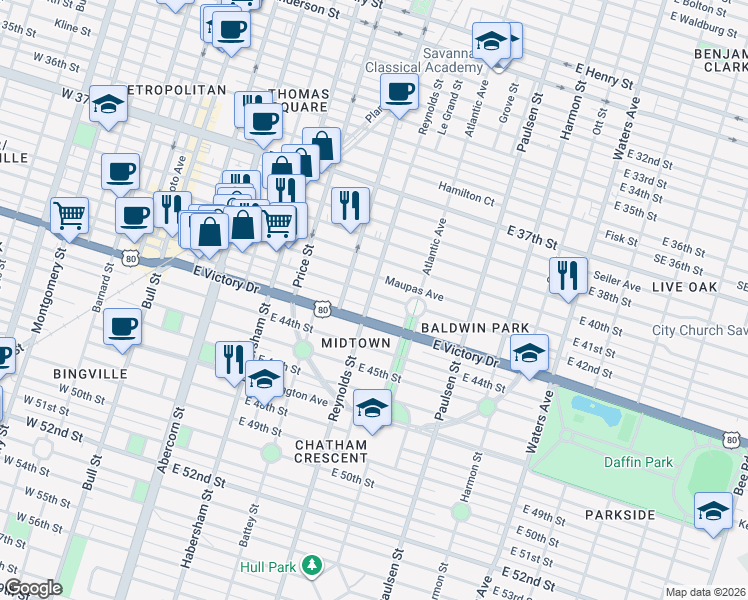 map of restaurants, bars, coffee shops, grocery stores, and more near 624 East Victory Drive in Savannah