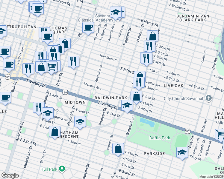 map of restaurants, bars, coffee shops, grocery stores, and more near 2406 Paulsen Street in Savannah