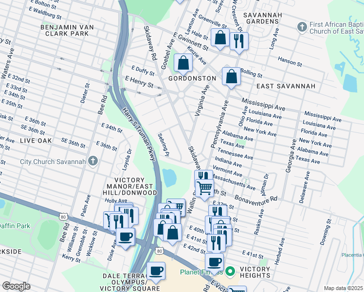 map of restaurants, bars, coffee shops, grocery stores, and more near in Savannah