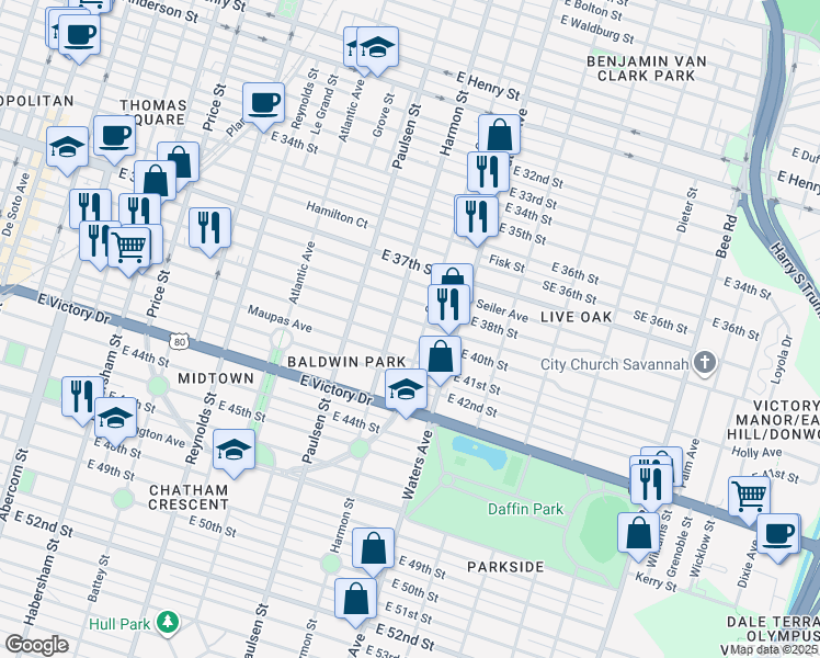 map of restaurants, bars, coffee shops, grocery stores, and more near 1003 East 40th Street in Savannah