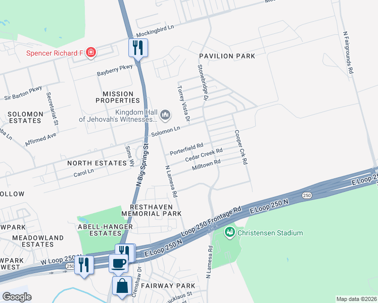 map of restaurants, bars, coffee shops, grocery stores, and more near 1118 Cedar Creek Road in Midland