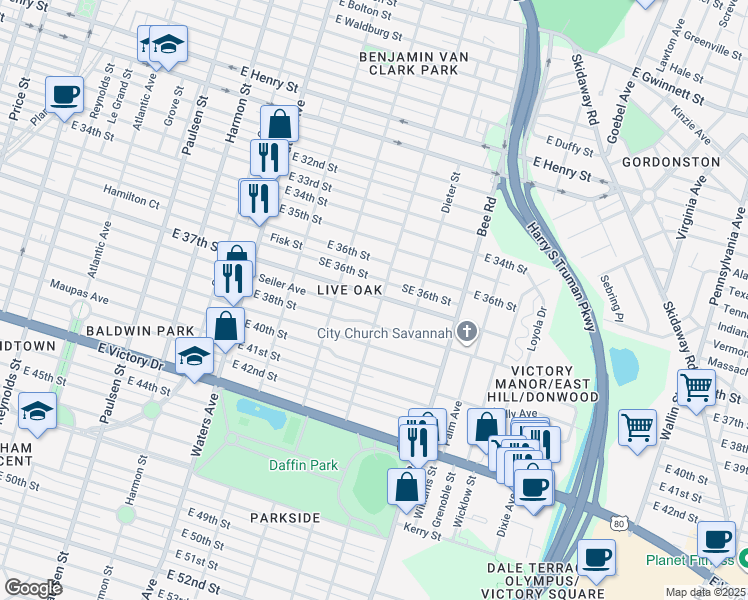 map of restaurants, bars, coffee shops, grocery stores, and more near 1404 East 38th Street in Savannah