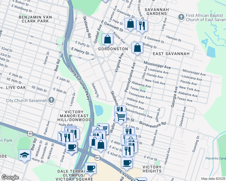 map of restaurants, bars, coffee shops, grocery stores, and more near in Savannah