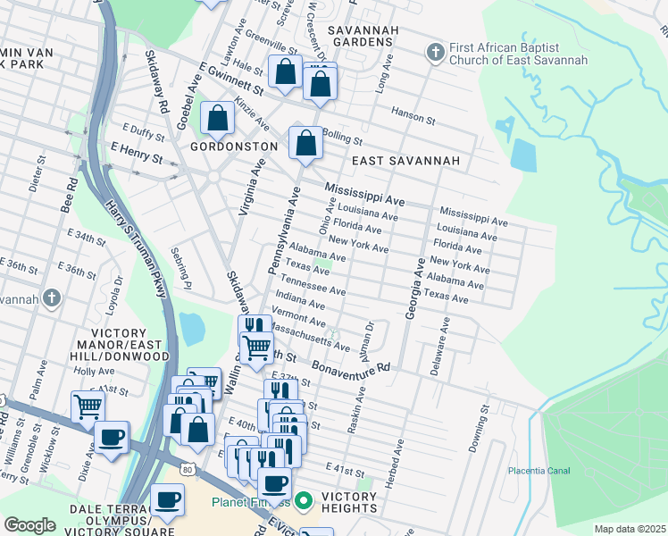 map of restaurants, bars, coffee shops, grocery stores, and more near 2102 Alabama Avenue in Savannah