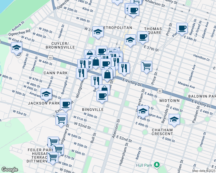 map of restaurants, bars, coffee shops, grocery stores, and more near 2827 Bull Street in Savannah