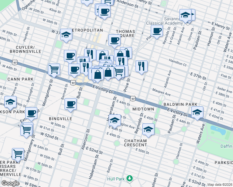 map of restaurants, bars, coffee shops, grocery stores, and more near E Victory Dr & Habersham St in Savannah