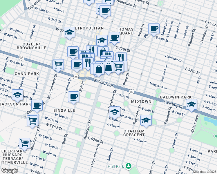 map of restaurants, bars, coffee shops, grocery stores, and more near 206 East Victory Drive in Savannah