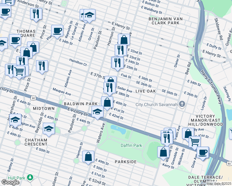map of restaurants, bars, coffee shops, grocery stores, and more near 2114 Waters Avenue in Savannah