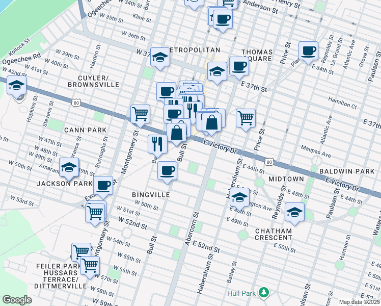 map of restaurants, bars, coffee shops, grocery stores, and more near 4 East 44th Street in Savannah