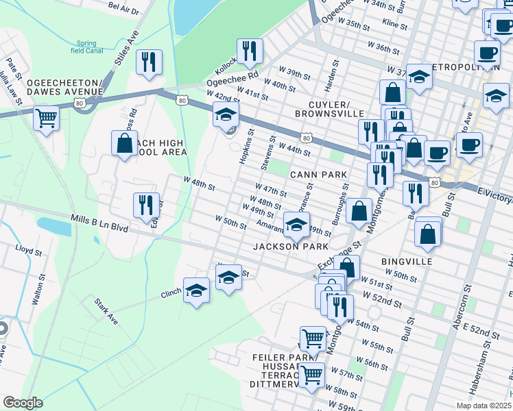 map of restaurants, bars, coffee shops, grocery stores, and more near 819 West 47th Street in Savannah
